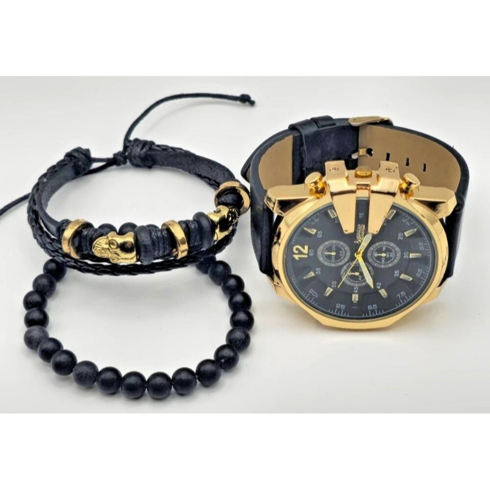 American Exchange Men’s Chronograph Watch Gold Black + Bracelet Set New Open Box